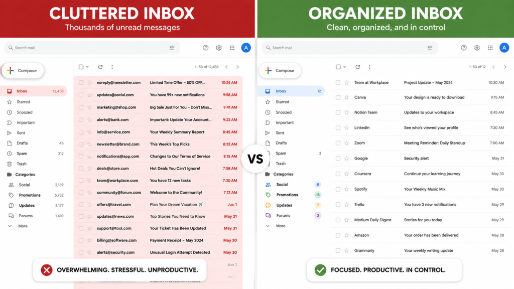 Before and after comparison of a cluttered and organized email inbox.