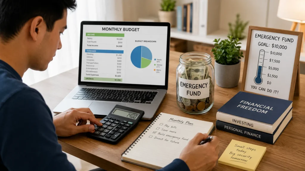 Person calculating emergency fund savings while reviewing monthly expenses and budget plans.
