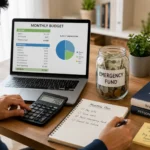 Person calculating emergency fund savings while reviewing monthly expenses and budget plans.