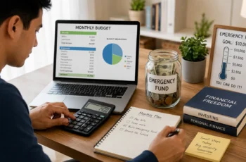 Person calculating emergency fund savings while reviewing monthly expenses and budget plans.