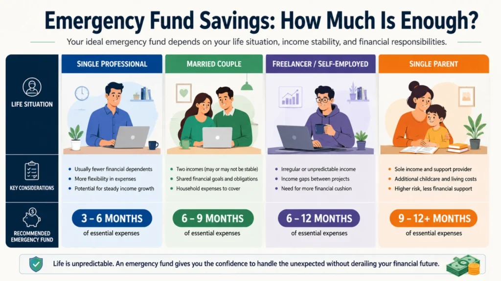 Comparison chart showing recommended emergency fund amounts for different financial situations.