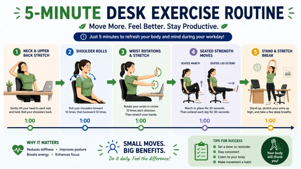 Five-minute desk exercise routine infographic designed for remote workers and home office professionals.