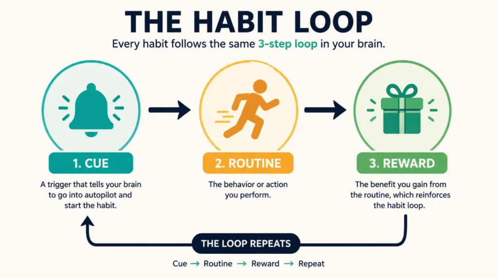 Understanding the Science Behind Habit Formation Diagram illustrating the habit loop with cue, routine, and reward stages.