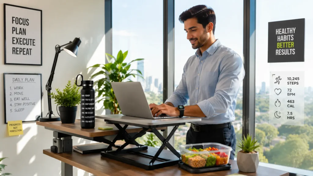Busy professional maintaining healthy habits at work with healthy food, water bottle, and active workspace.