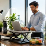 Busy professional maintaining healthy habits at work with healthy food, water bottle, and active workspace.