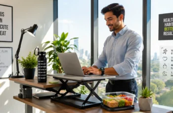 Busy professional maintaining healthy habits at work with healthy food, water bottle, and active workspace.