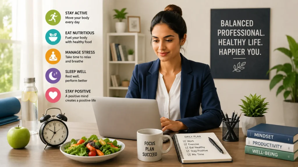 Healthy morning routine essentials including water, breakfast, exercise equipment, and alarm clock.