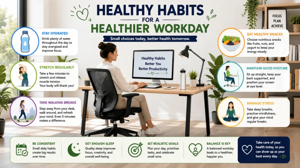 Office worker practicing healthy workday habits including hydration, stretching, and healthy eating.