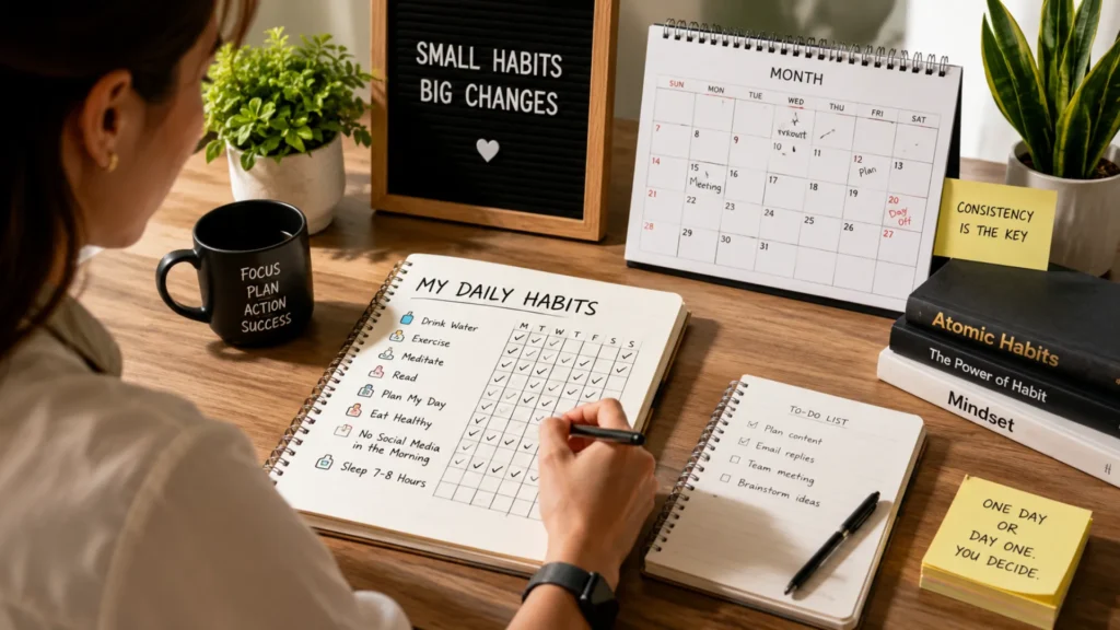 Person planning and tracking daily habits using a notebook and habit tracker at a desk.