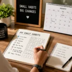 Person planning and tracking daily habits using a notebook and habit tracker at a desk.