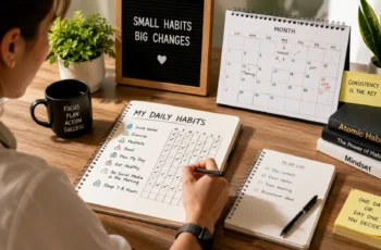 Person planning and tracking daily habits using a notebook and habit tracker at a desk.