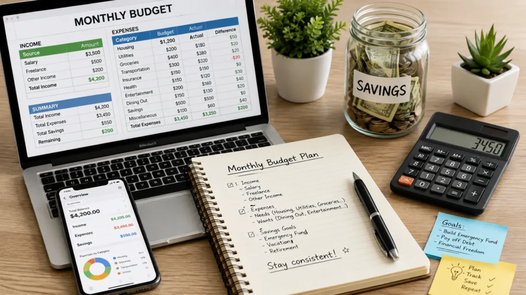Person creating a monthly budget using a calculator, budgeting worksheet, and savings tracker.