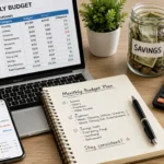 Person creating a monthly budget using a calculator, budgeting worksheet, and savings tracker.