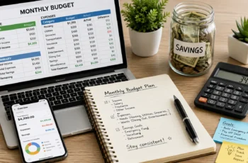 Person creating a monthly budget using a calculator, budgeting worksheet, and savings tracker.