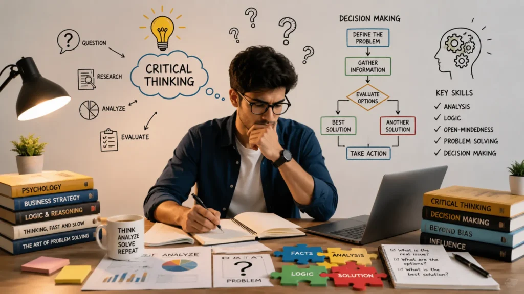 Professional analyzing information and solving problems to improve critical thinking skills.