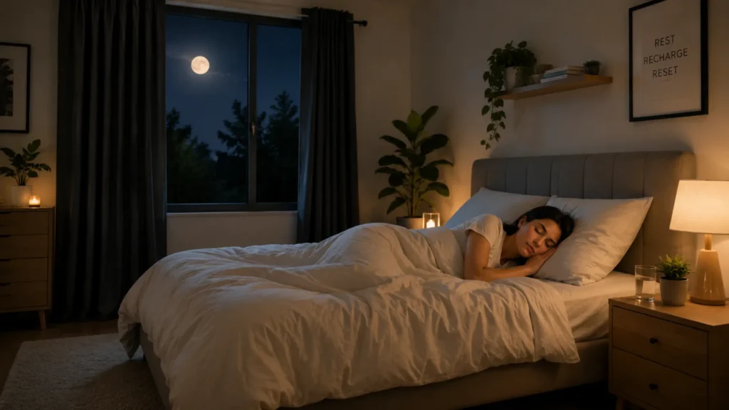 Person sleeping peacefully in a comfortable bedroom demonstrating natural ways to improve sleep quality.