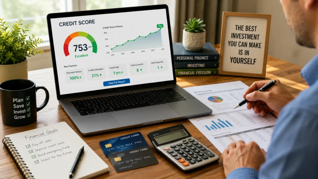 Person reviewing financial documents while tracking an improving credit score on a laptop.