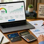 Person reviewing financial documents while tracking an improving credit score on a laptop.