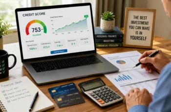 Person reviewing financial documents while tracking an improving credit score on a laptop.