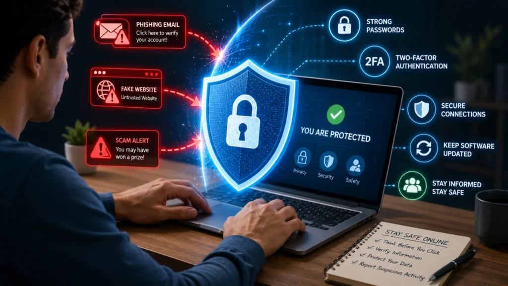 Person using a laptop protected by a digital shield against online scams and cyber threats.
