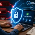 Person using a laptop protected by a digital shield against online scams and cyber threats.