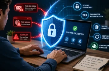 Person using a laptop protected by a digital shield against online scams and cyber threats.