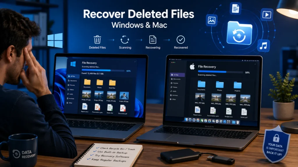 User recovering deleted files on Windows and Mac computers using file recovery tools.