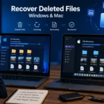 User recovering deleted files on Windows and Mac computers using file recovery tools.