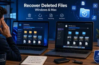 User recovering deleted files on Windows and Mac computers using file recovery tools.