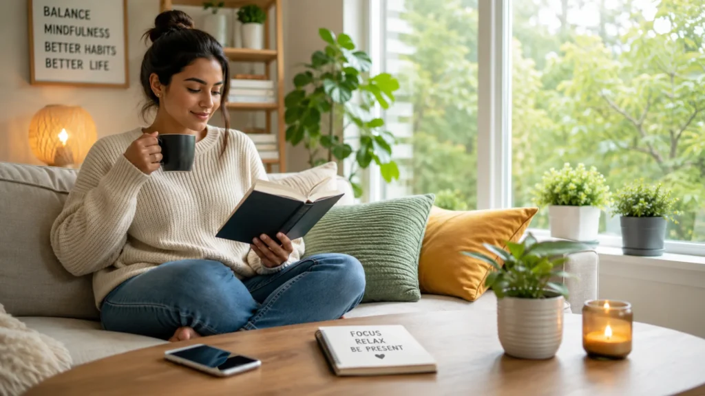 Person reducing screen time by reading a book instead of using a smartphone at home.