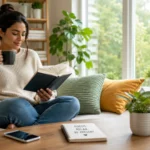 Person reducing screen time by reading a book instead of using a smartphone at home.