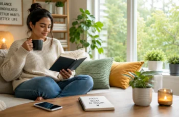 Person reducing screen time by reading a book instead of using a smartphone at home.