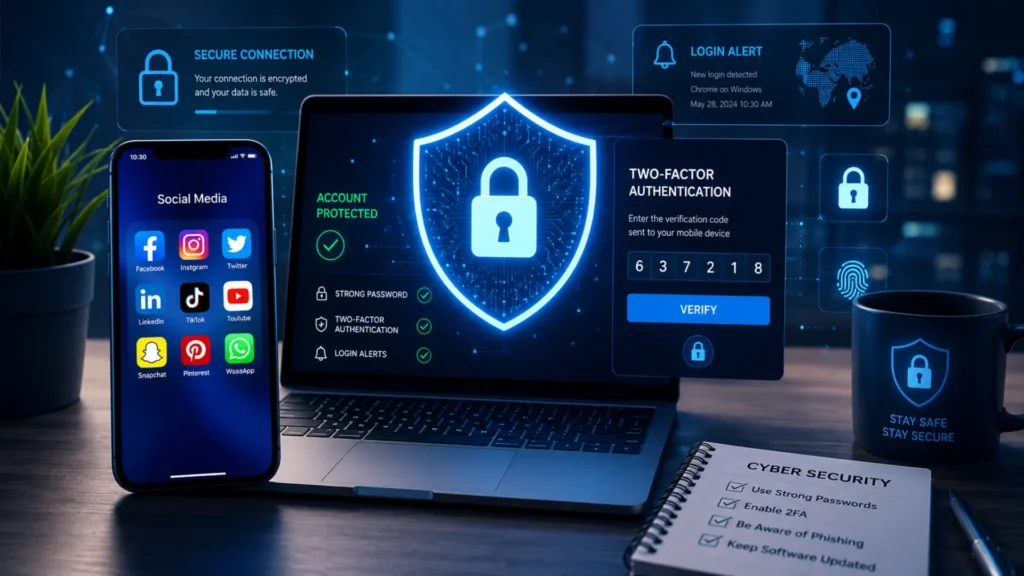 Smartphone and laptop protected by cybersecurity shield securing social media accounts.