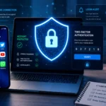 Smartphone and laptop protected by cybersecurity shield securing social media accounts.