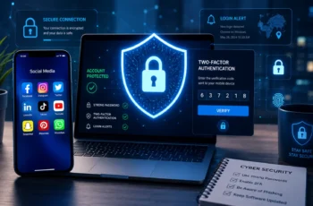 Smartphone and laptop protected by cybersecurity shield securing social media accounts.