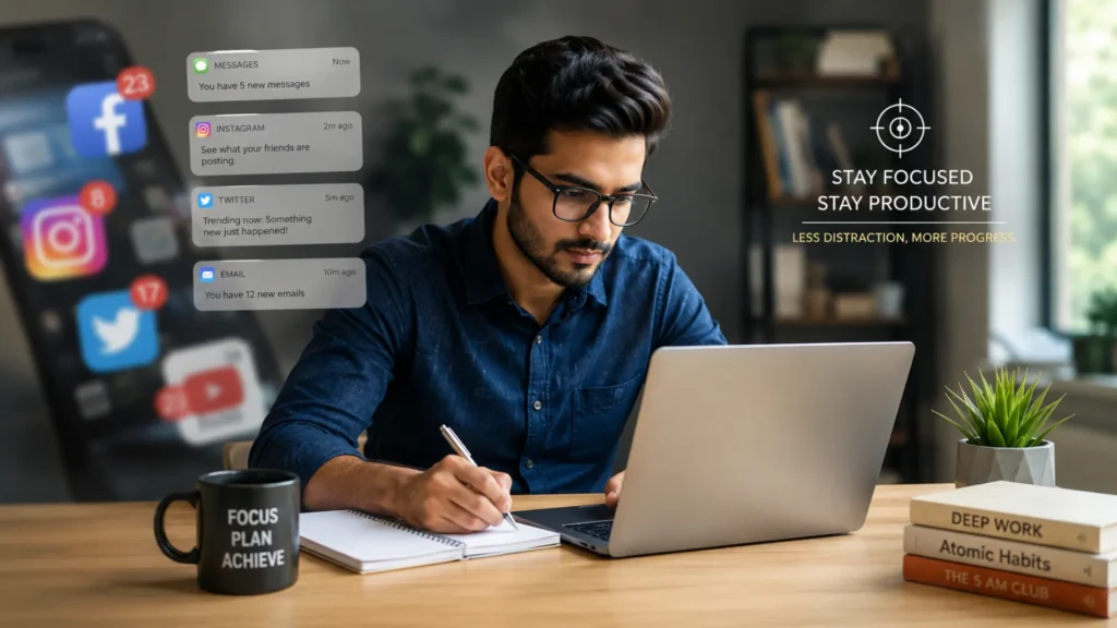 Young professional staying focused at work despite digital distractions and smartphone notifications.
