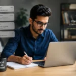 Young professional staying focused at work despite digital distractions and smartphone notifications.