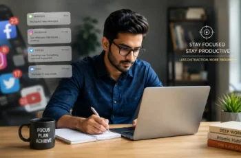 Young professional staying focused at work despite digital distractions and smartphone notifications.