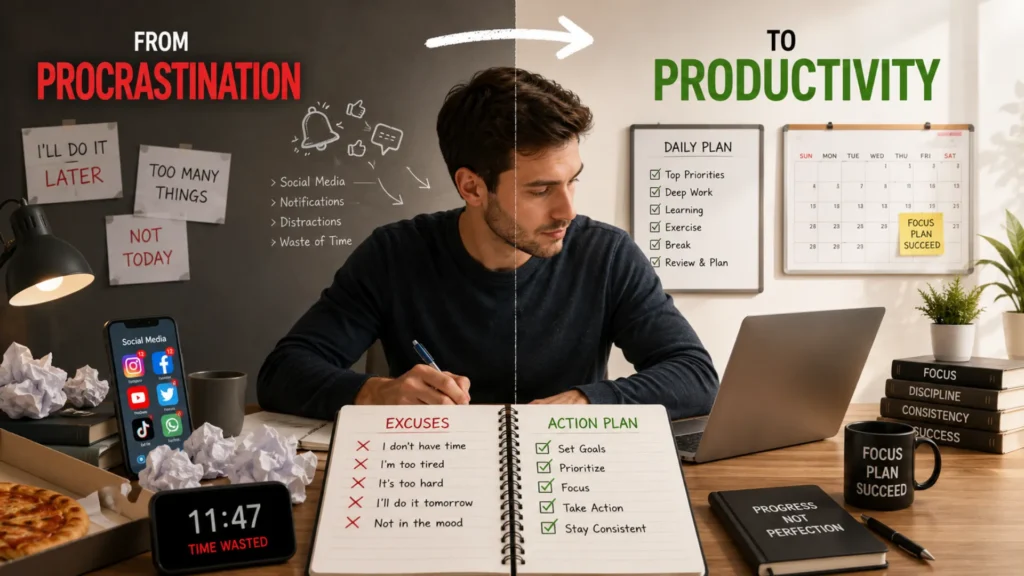 Person overcoming procrastination and improving productivity with effective time management techniques