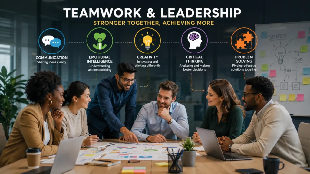 Business team collaborating and demonstrating communication, leadership, emotional intelligence, and creativity.