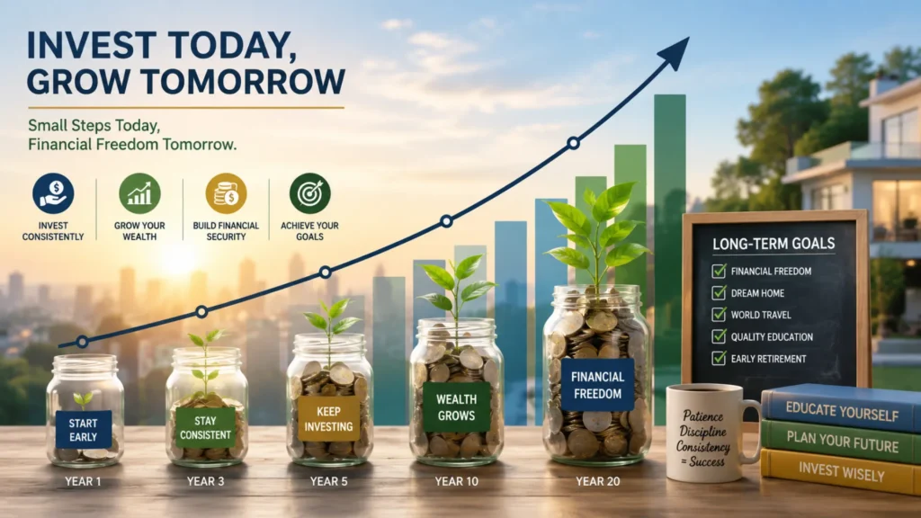 Financial growth chart showing the benefits of investing early and building wealth over time.