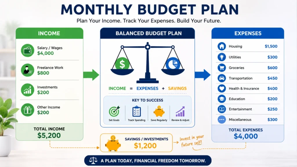 Monthly budget breakdown comparing income and expenses in different spending categories.