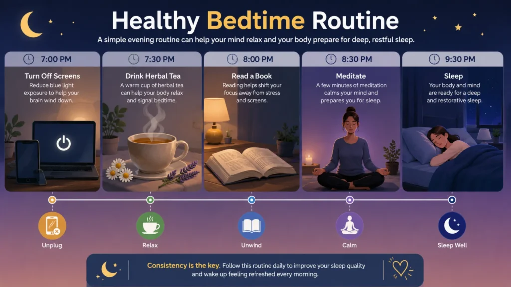 Healthy bedtime routine infographic showing steps to improve sleep quality naturally.