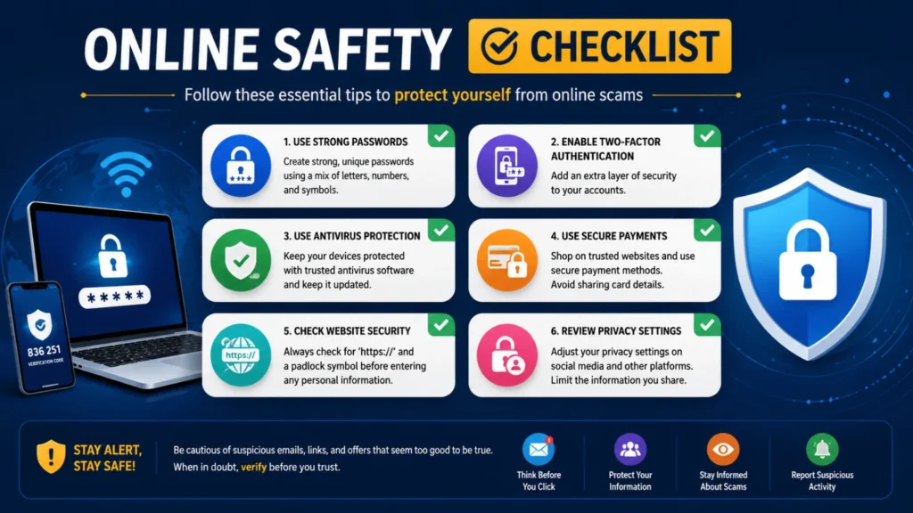 Online scam prevention checklist with cybersecurity best practices and safety tips.
