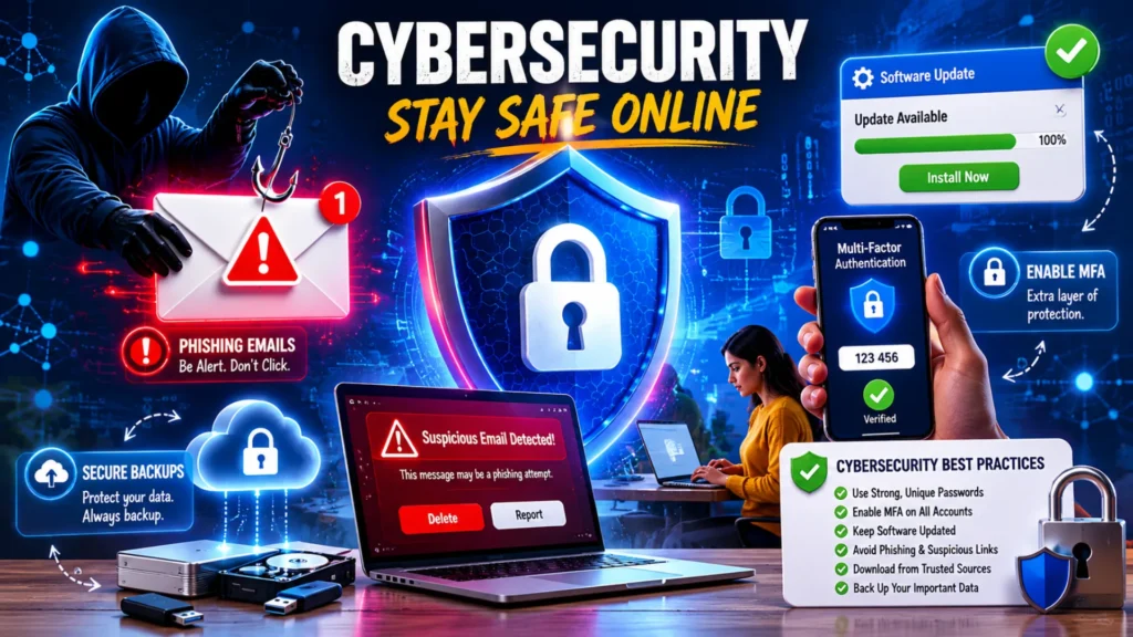 Cybersecurity best practices including phishing prevention, software updates, and data backups.