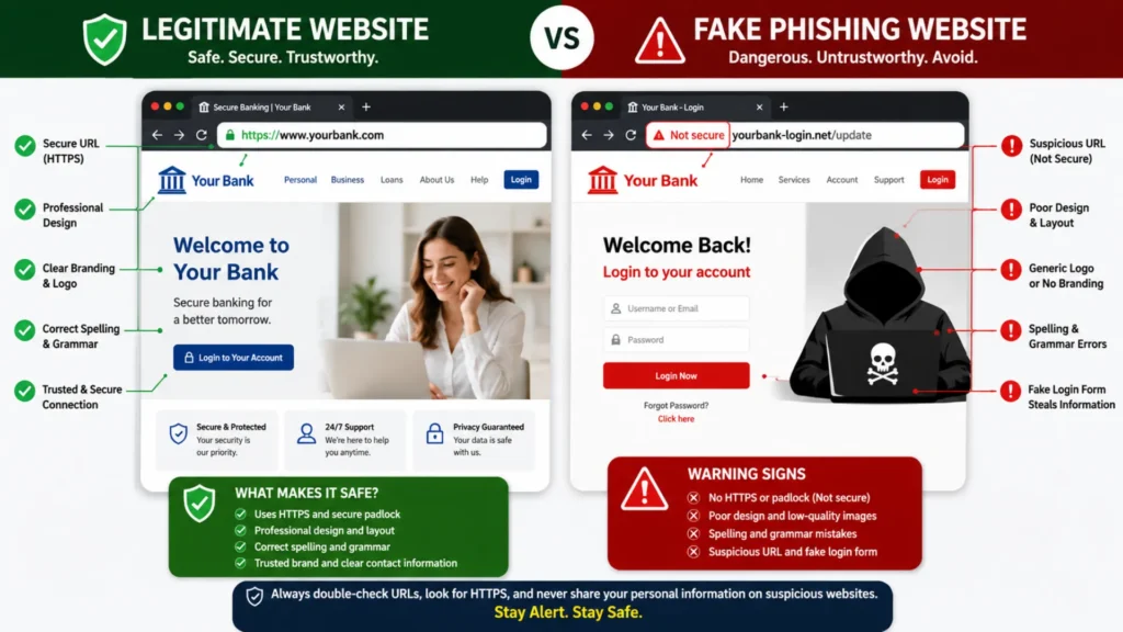 Comparison of a legitimate website and a fake phishing website showing scam warning signs.