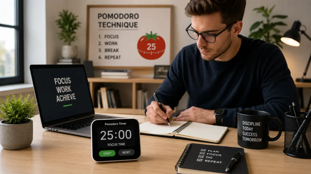 Use focused work sessions to increase productivity and complete tasks faster Professional using the Pomodoro Technique to improve focus and avoid procrastination