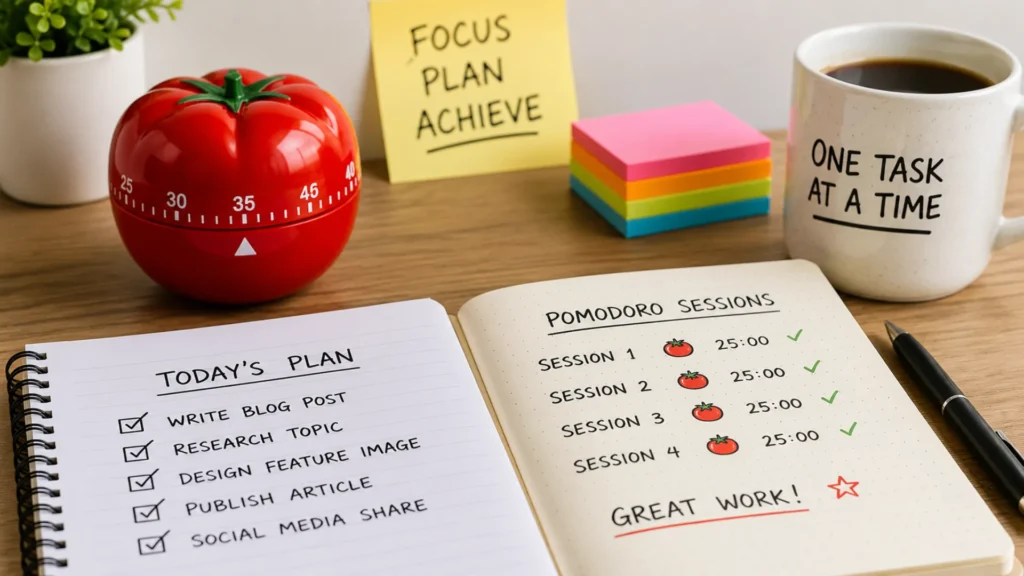 Pomodoro timer next to a checklist demonstrating focused work and time management.
