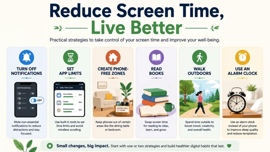 Infographic showing practical ways to reduce screen time without feeling restricted.