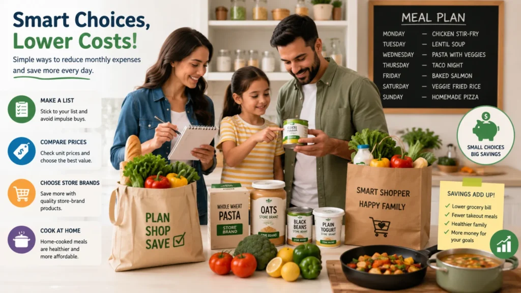 Practical grocery shopping and meal-planning strategies to lower monthly food costs. Family meal planning and grocery shopping using a list to reduce food expenses and save money.